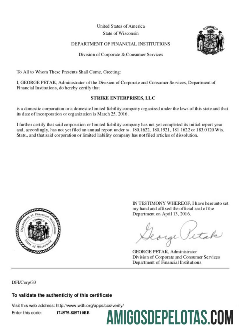 USA Wisconsin Certificate Of Good Standing amostra